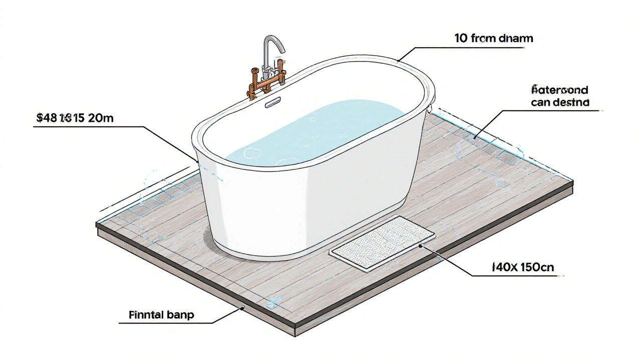 Isometrische Ansicht einer Badewanne mit Platz‑ und Installationsabständen.
