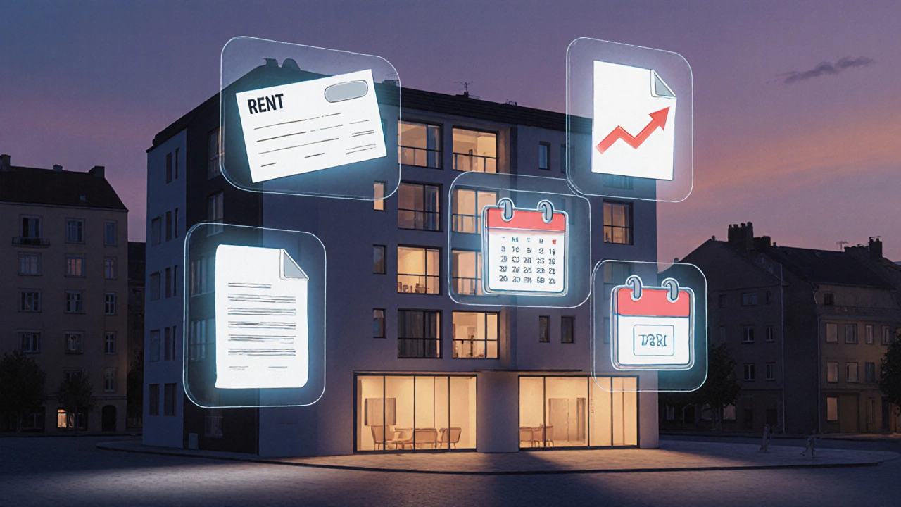 Apartmenthaus mit finanziellen Elementen wie Miete, Wartung und Steuern als schwebende Symbole darüber.