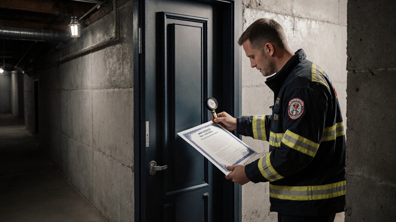 Brandschutzfachmann prüft die Dichtung einer Brandschutztür.