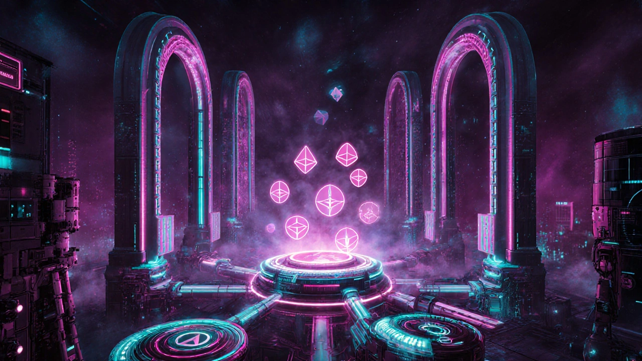Cyber‑punk‑Szene: Cross‑Chain‑Orakel‑Hub mit Zero‑Knowledge‑Proofs und KI‑Incentive‑Steuerungen.