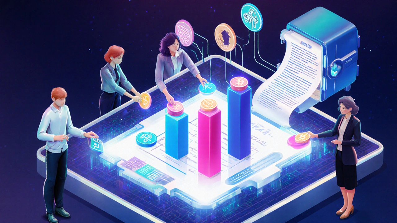 Digitales Abstimmungsinterface mit Token‑Stimmrechten und geöffneter DAO‑Kasse.