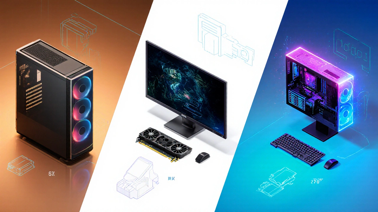Drei Desktop‑Baukästen nebeneinander: Budget, Mittelklasse und High‑End mit jeweiligen Monitoren.