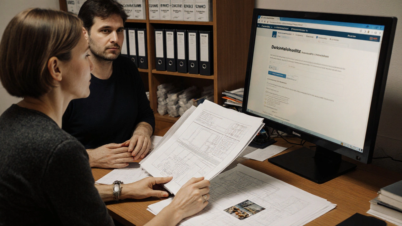 Eigentümer reicht vollständige Unterlagen für Denkmalschutzgenehmigung im Rathaus ein, offiziell und vorbereitet.