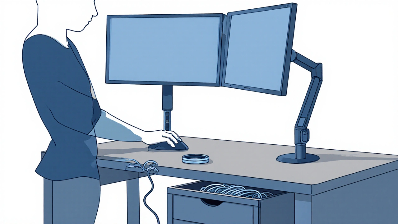 Ergonomische Arbeitsposition: 90°‑Ellenbogen, Monitorarme, Kabelmanagement im Schreibtisch.