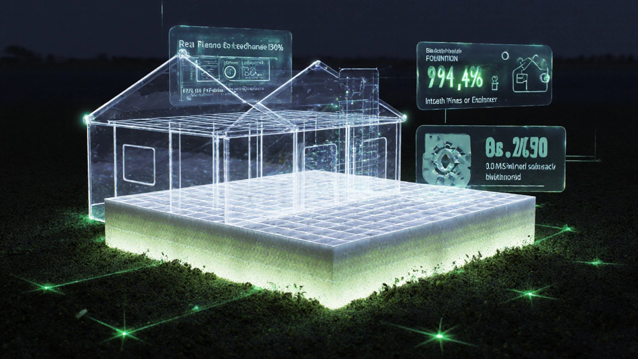 Futuristische, transparente Fundamentstabilisierung mit bio-basiertem Harz und Laserscans.