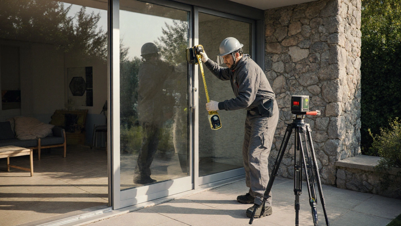 Glastischler installiert eine Glastür mit Saugnäpfen.