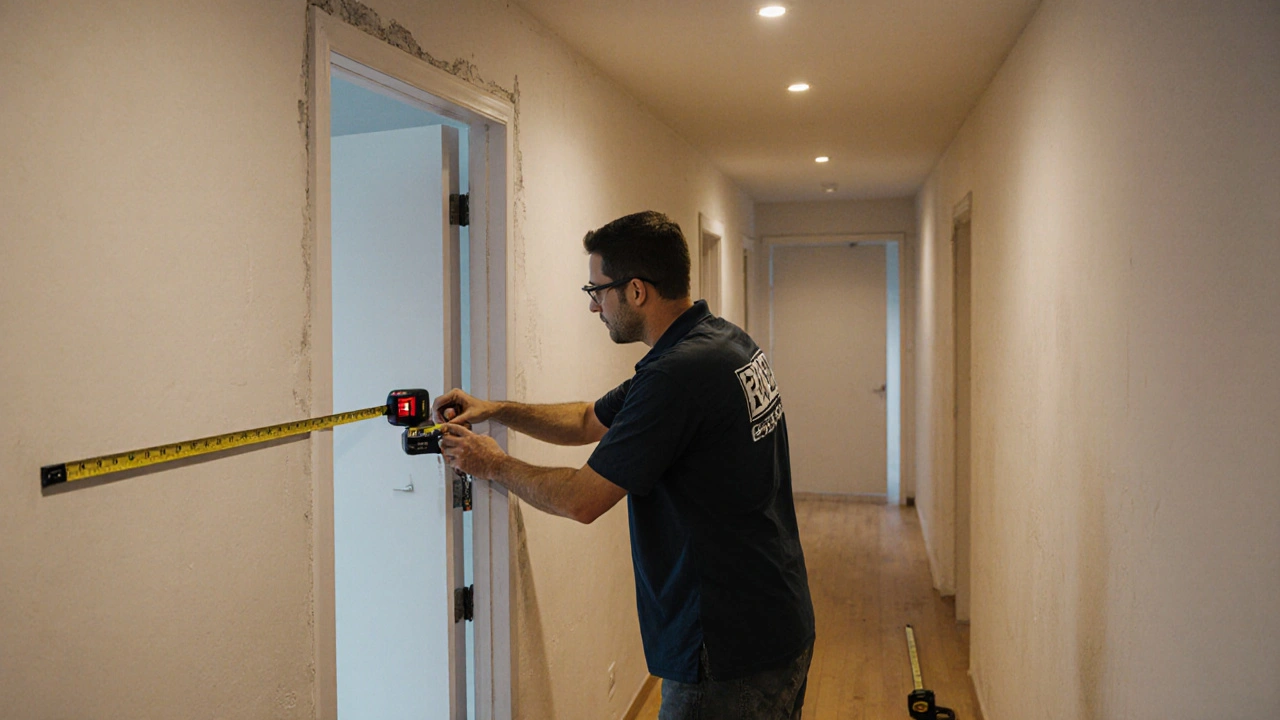 Handwerker misst die Türöffnung mit Lasergerät in einem Hausflur.