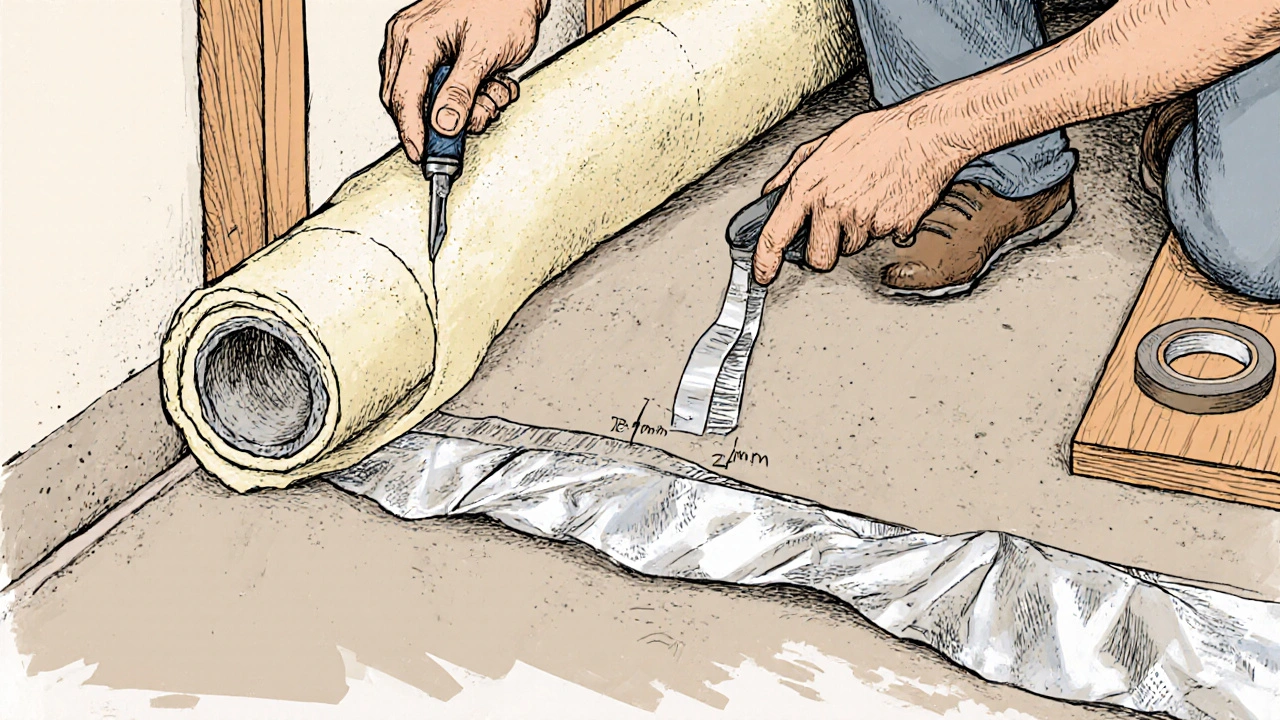 Handwerker verlegt PE‑Schaum‑Dämmung, Dampfsperre und Klebeband vor dem Laminat.