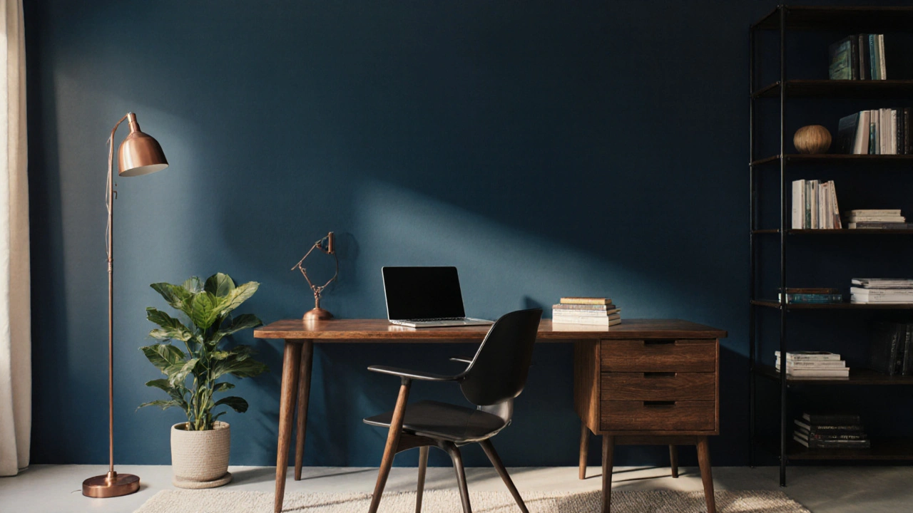 Home‑Office mit marineblauer Akzentwand, Holz‑Schreibtisch und Kupferlampe.