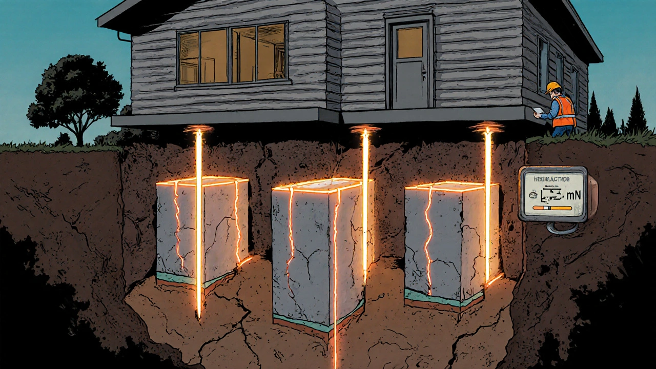 Hydraulische Segmentpfähle drücken sich durch den Boden, um ein Haus anzuheben.