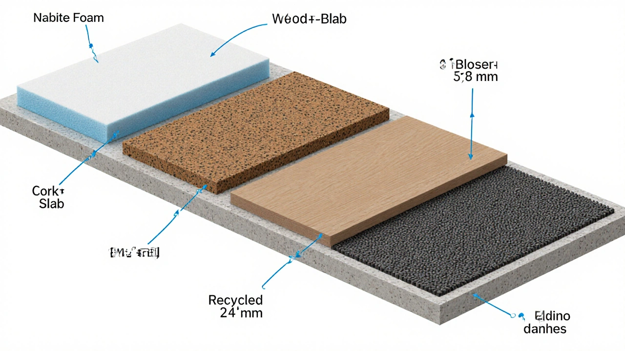 Isometrische Darstellung von vier Trittschalldämmmaterialien im Querschnitt einer Bodenkonstruktion.