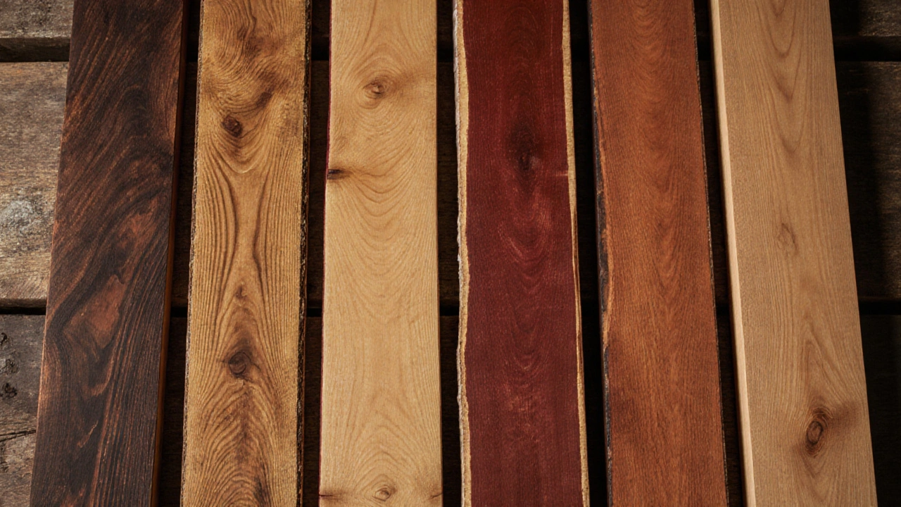 Makroaufnahme verschiedener Holzplatten, die langlebige Holzarten zeigen.
