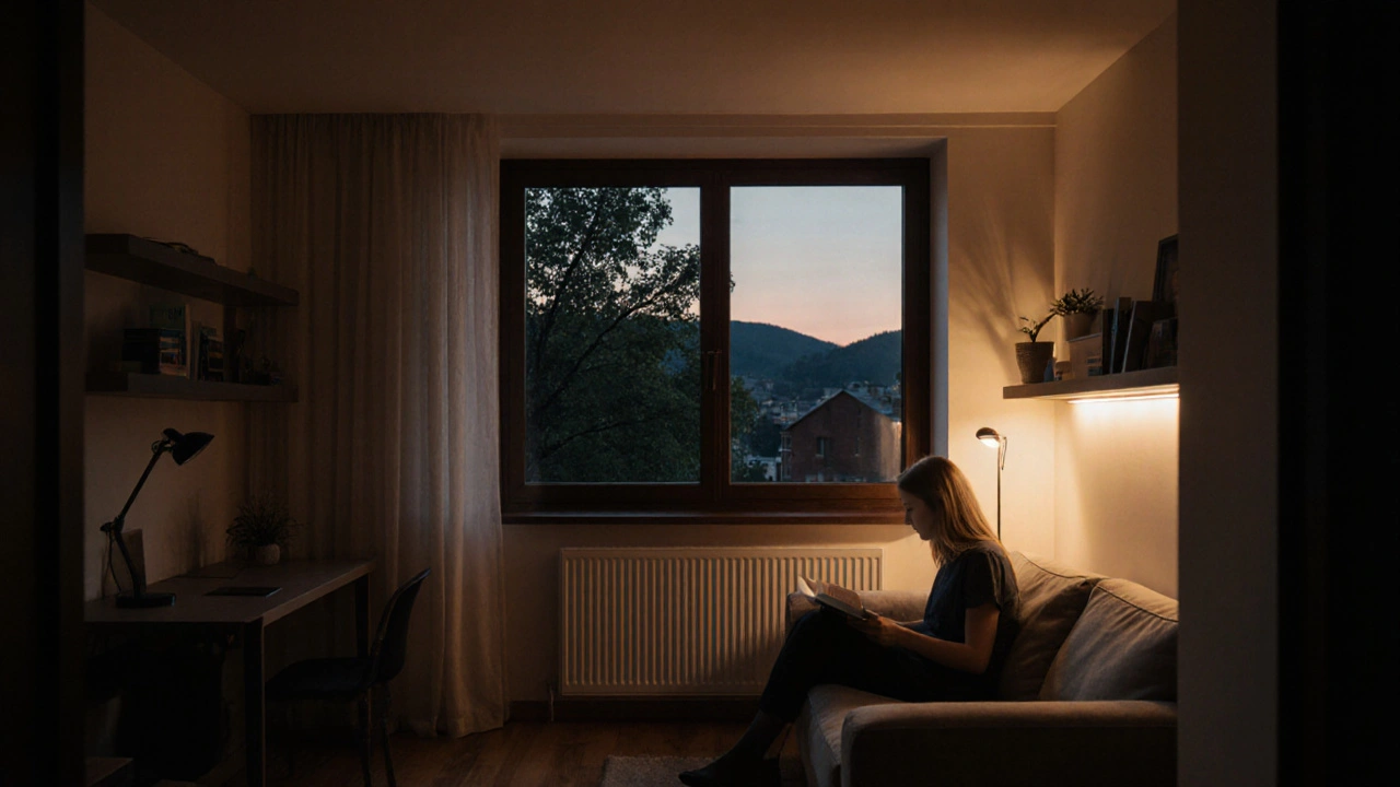 Moderne wohnung bei dämmerung mit automatisch dimmenden leds, die natürliches tageslicht nachahmen.