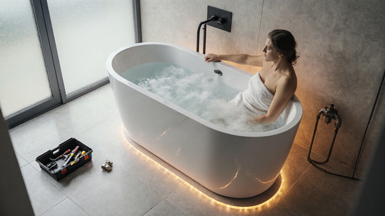 Person steigt in eine freistehende Badewanne, Werkzeuge im Hintergrund, warme Beleuchtung.