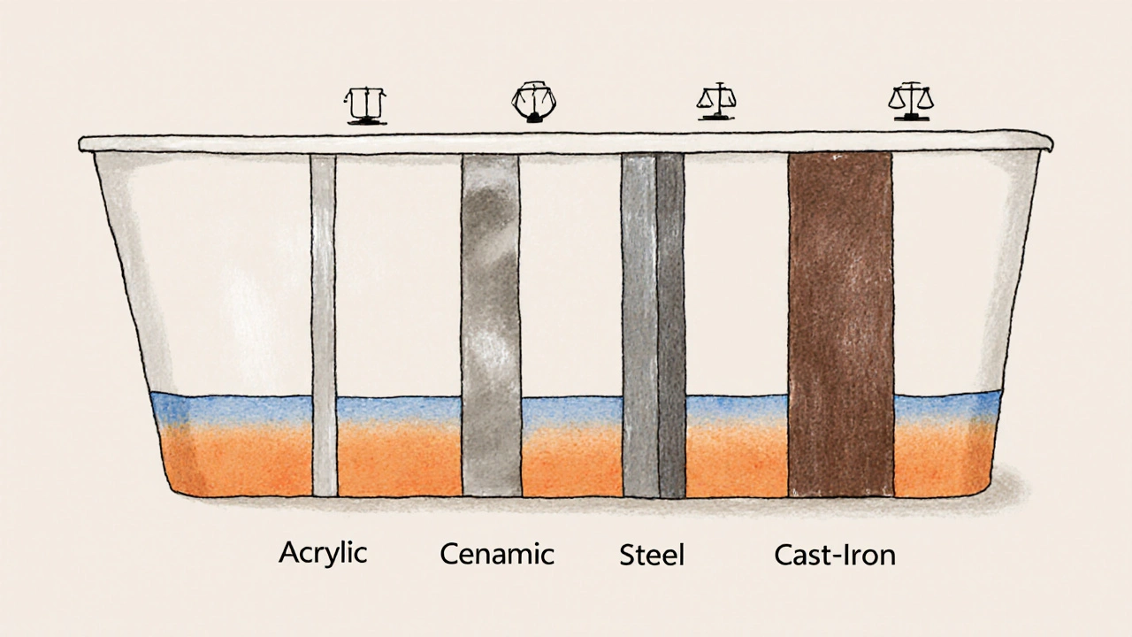 Querschnitt von Badewannen zeigt Materialschichten, Wärmegradient und Gewichtsindikatoren.