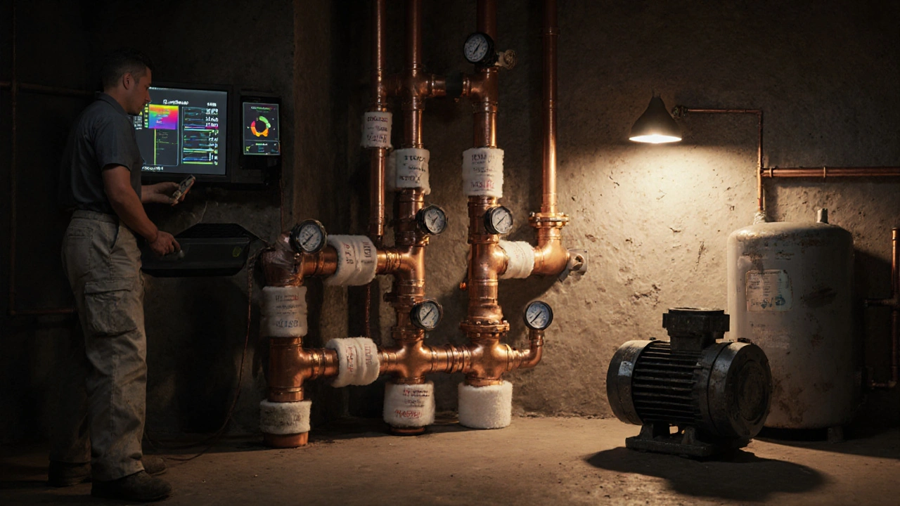 Techniker führt einen hydraulischen Abgleich an Heizungsrohren in einem Keller durch, mit digitalen Messgeräten und gedämmten Leitungen.