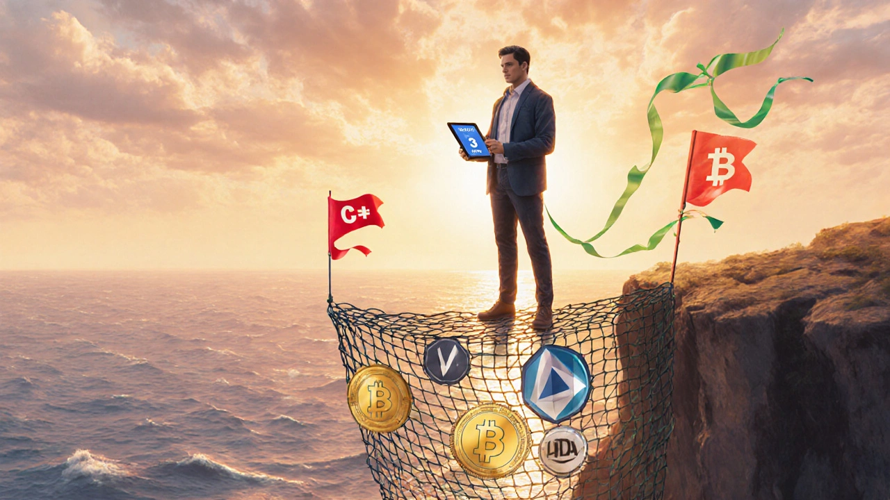 Trader steht auf einem Netz aus Krypto‑Symbolen mit Stop‑Loss‑Markern.
