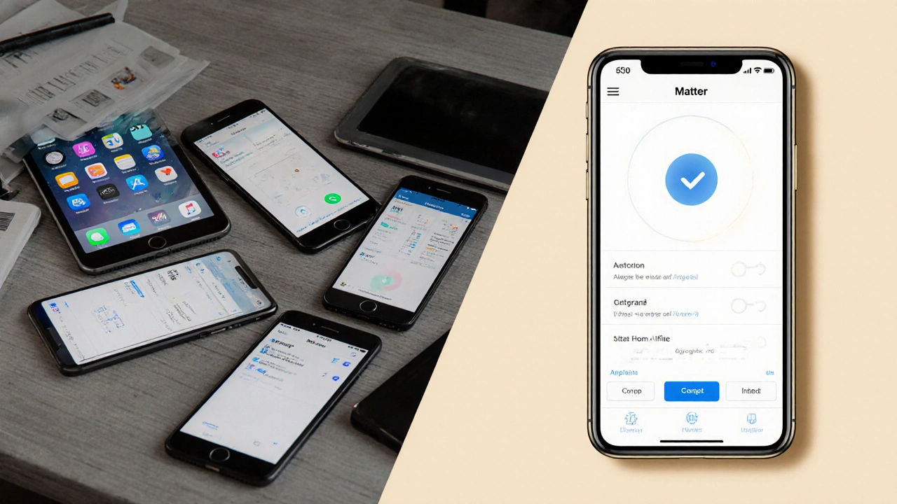 Vergleich: Chaos aus fünf Smart-Home-Apps links vs. vereinheitlichte Matter-Steuerung auf einem Smartphone rechts.