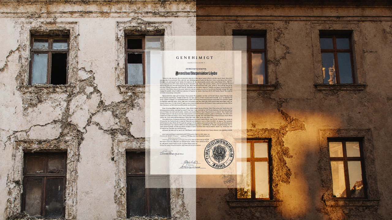 Vergleich: verfallenes Denkmal links, restauriertes Haus rechts mit Innendämmung und genehmigtem Sanierungsstempel.