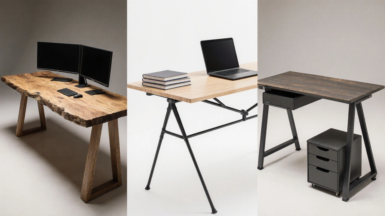 Vergleich von Massivholz-, Metall‑ und modularem Schreibtisch für zwei Monitore.