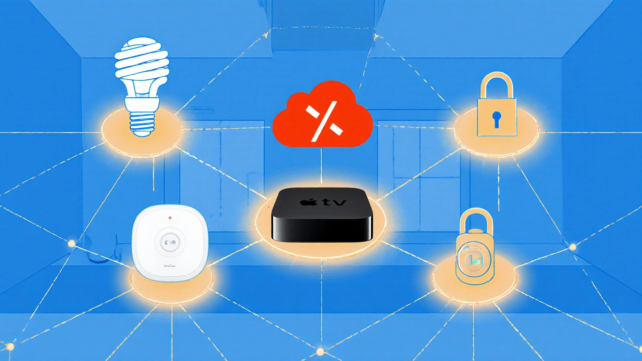 Visuelle Darstellung eines Thread-Netzwerks mit leuchtenden Knoten, die Smart-Home-Geräte lokal verbinden, ohne Cloud-Verbindung.
