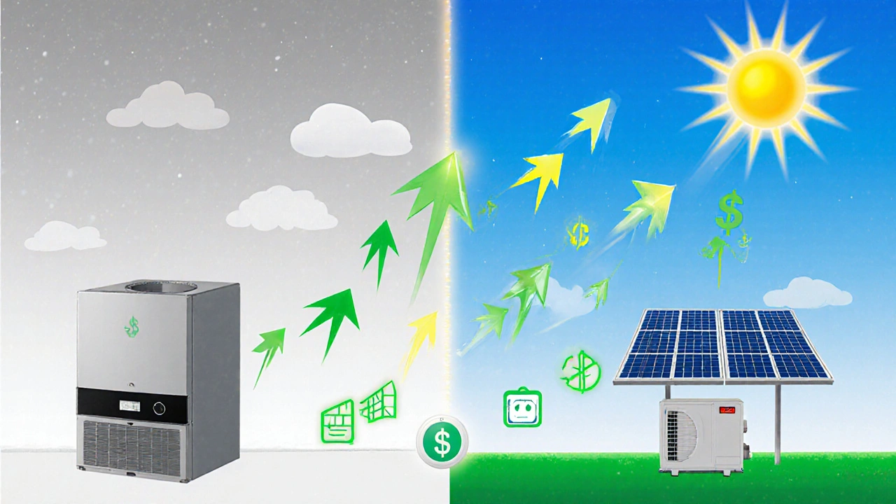 Visueller Weg von einer alten Ölheizung zu einer modernen Hybridheizung mit Solarthermie und Wärmepumpe, dargestellt als wachsender grüner Pfad.