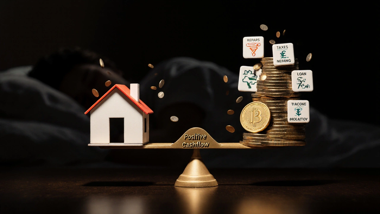 Waage mit Hausmodell und Kosten auf einer Seite, positivem Cashflow als goldene Münze auf der anderen.