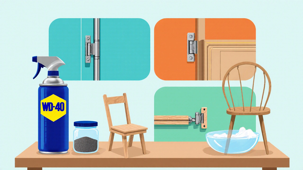 Werkbank‑Szene mit Silikonspray, WD‑40, Graphitpulver und Seifenwasser neben Tür‑ und Schubladen‑Teilen.