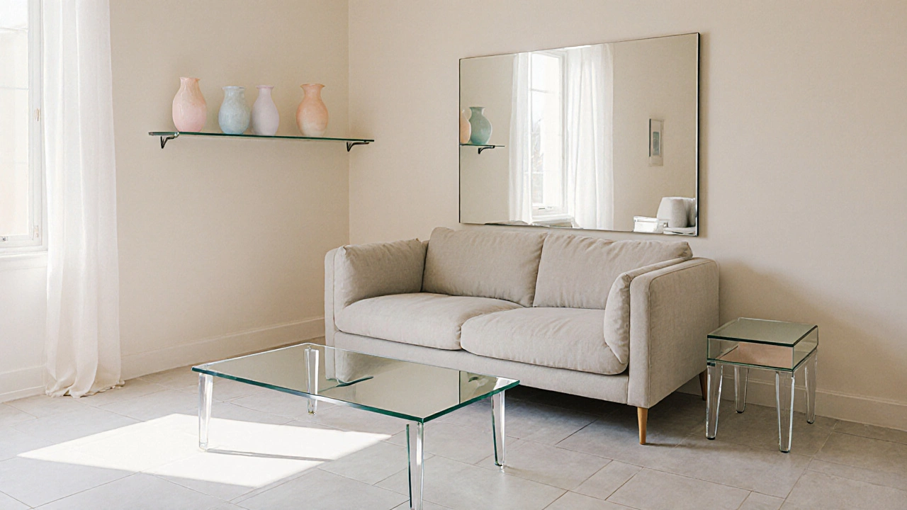 Wohnzimmer mit großer Wandspiegel hinter der Couch und transparentem Glastisch.