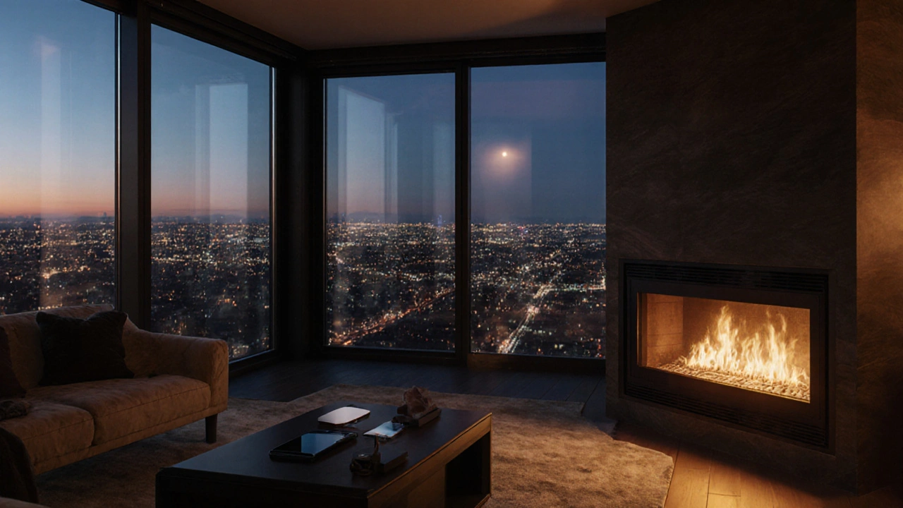 Abendstimmung im Penthouse: sanftes Licht, Feuer im Kamin, automatische Jalousien — stilvolle, intuitive Technik.