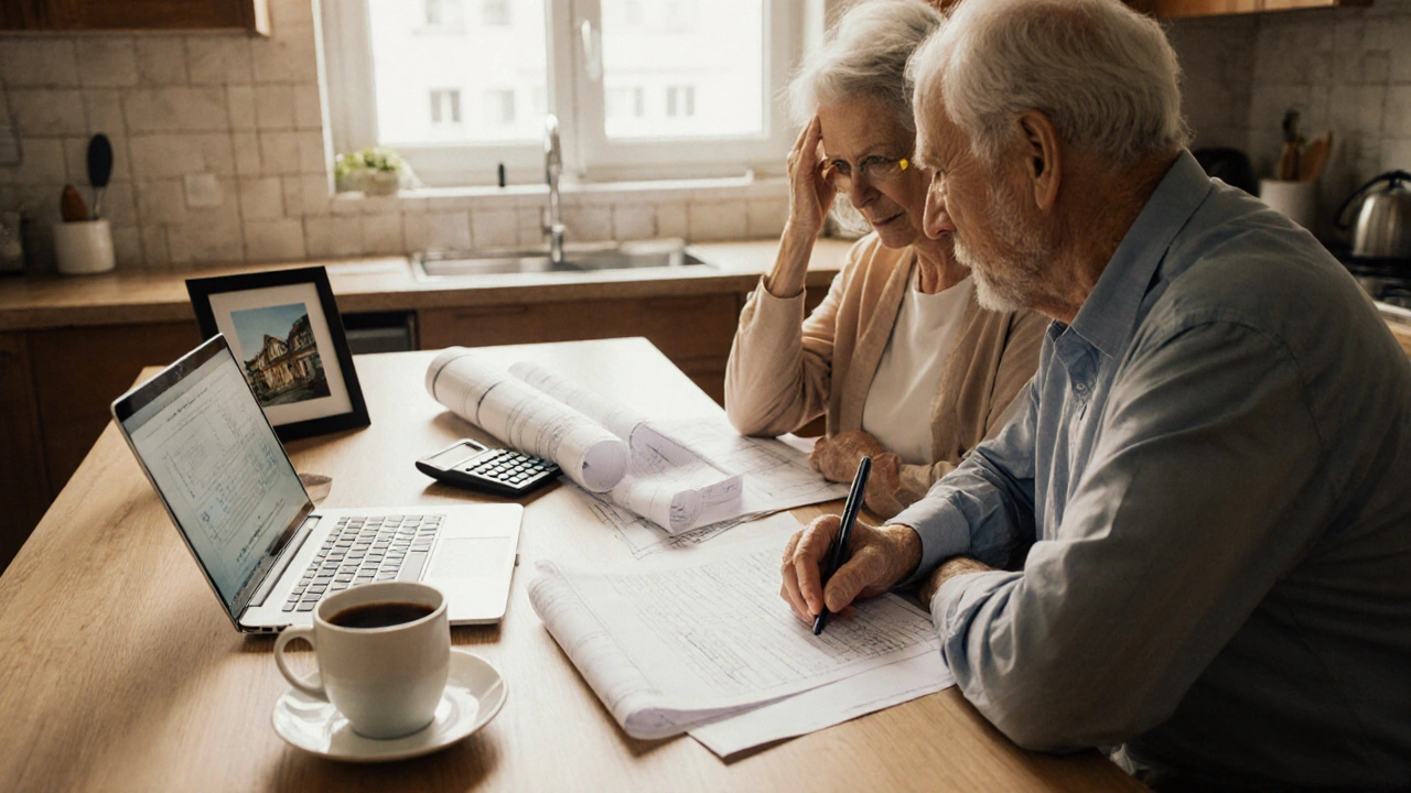 Älteres Ehepaar prüft eine Bauherrenhaftpflichtversicherung am Küchentisch mit Bauplänen und Laptop.