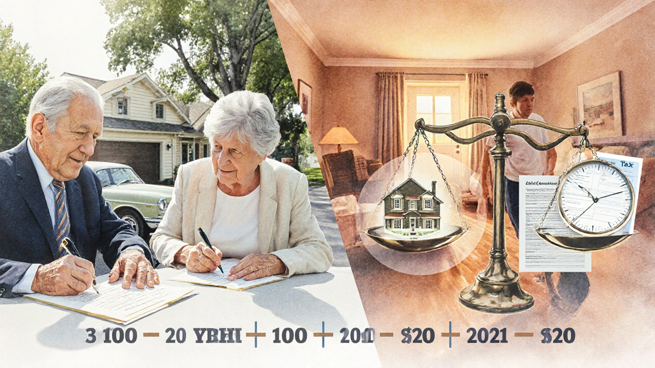 Aufgeteilter Zeitstrahl: Eltern kaufen Haus 2010, Kind zieht 2021 ein, 10-Jahres-Uhr läuft von 2010.