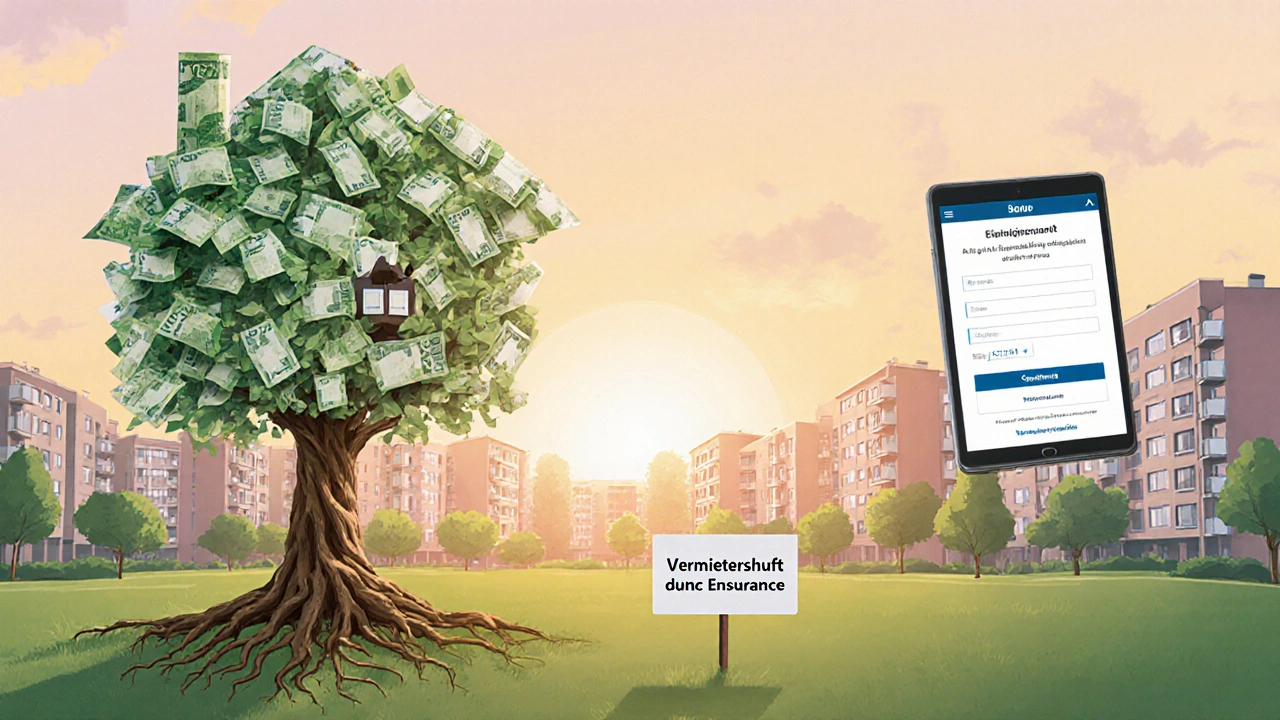 Baum mit Wurzeln als Haus und Blättern aus Geldscheinen, symbolisiert Mietausfallversicherung in einer Stadtlandschaft.