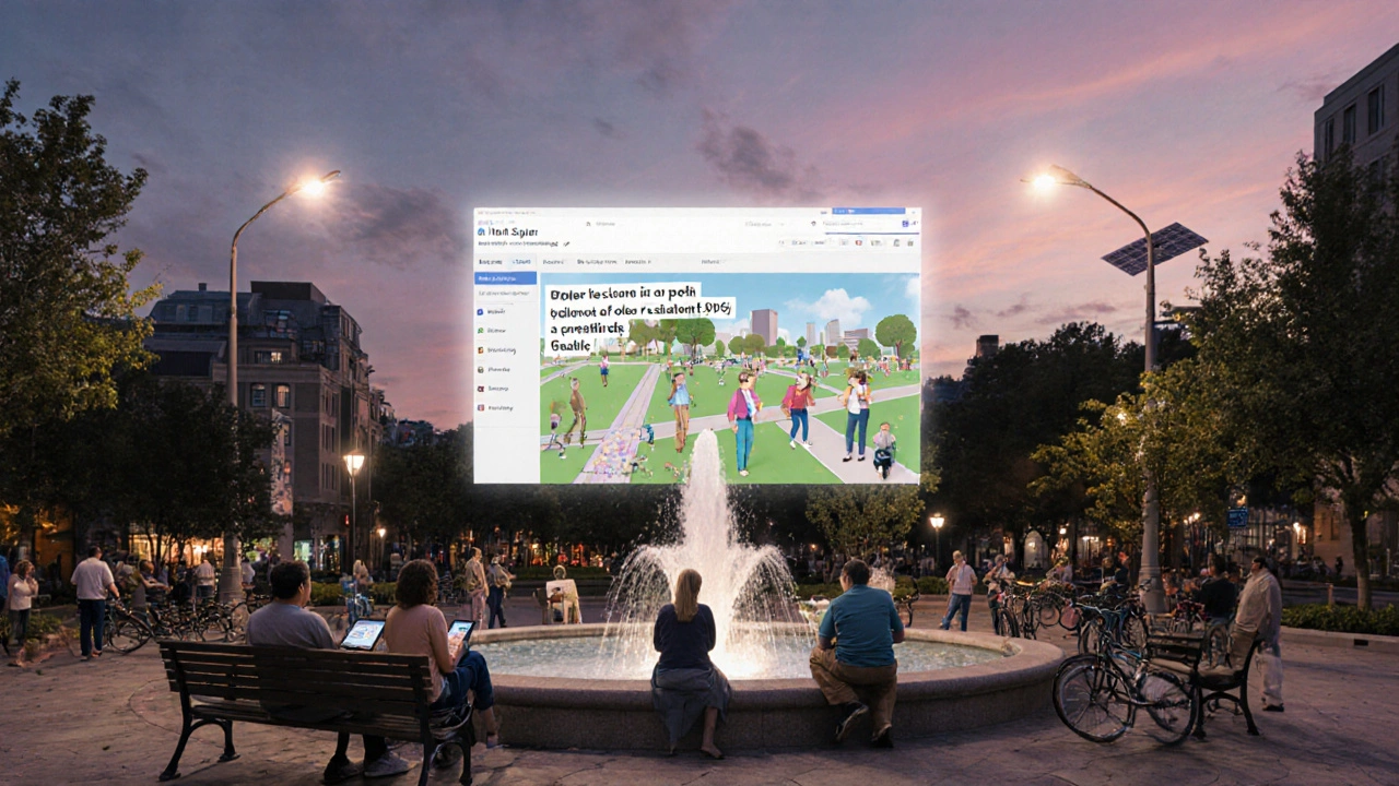 Bürgerinnen und Bürger diskutieren digital und persönlich über die Gestaltung eines öffentlichen Platzes.