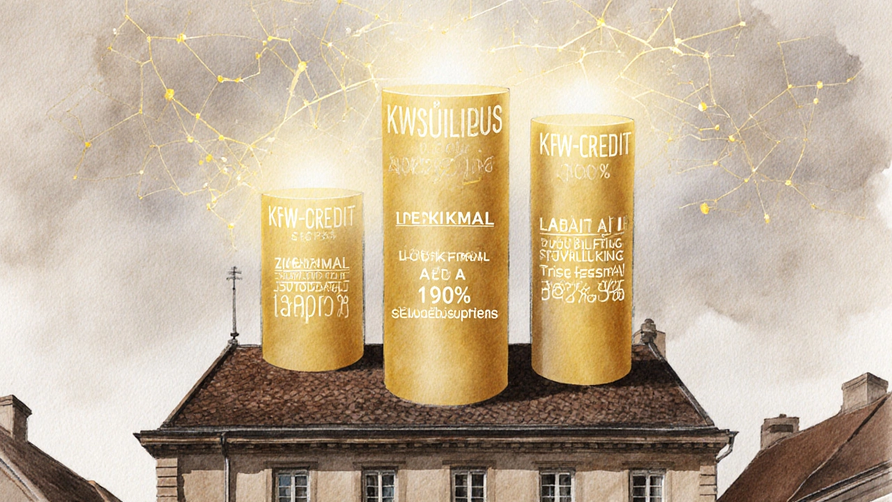 Drei Säulen aus Zuschuss, Kredit und Steuerabschreibung stützen ein historisches Gebäude.