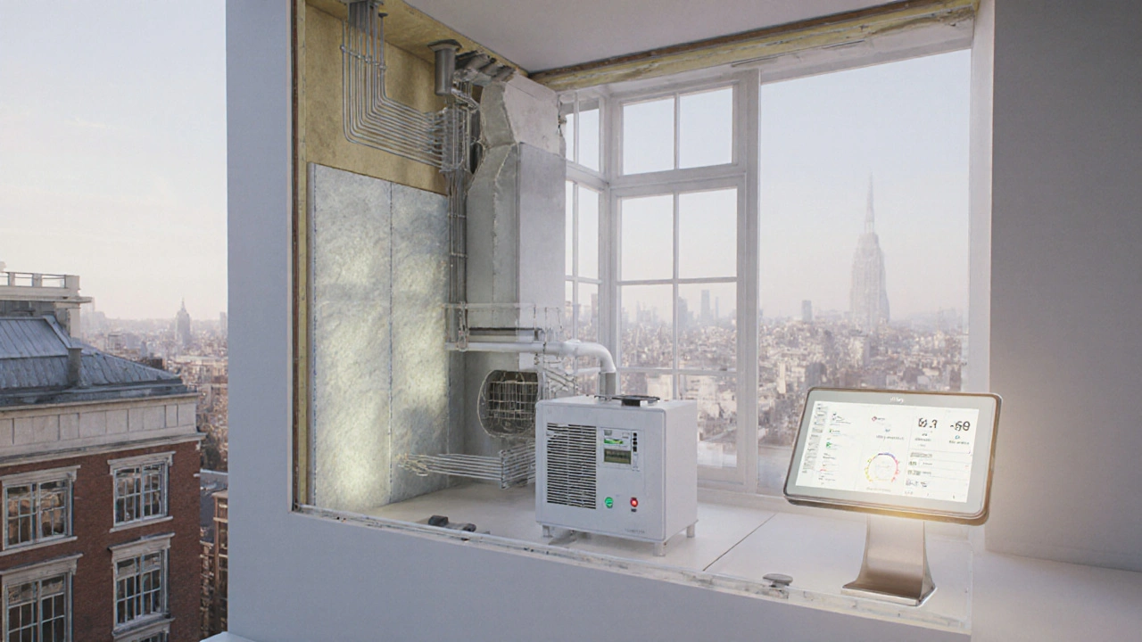 Durchschnittsansicht eines smarten Gebäudesystems mit Dämmung, Lüftung und KNX-Technik in historischem Bestand.