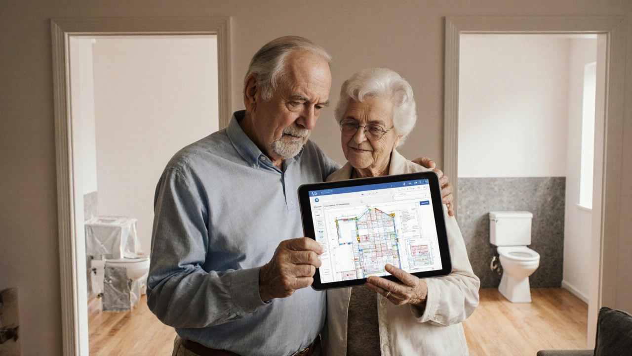 Ehepaar betrachtet ein Tablet mit individuellem Modernisierungsplan, während barrierefreie Anpassungen im Hintergrund sichtbar sind.
