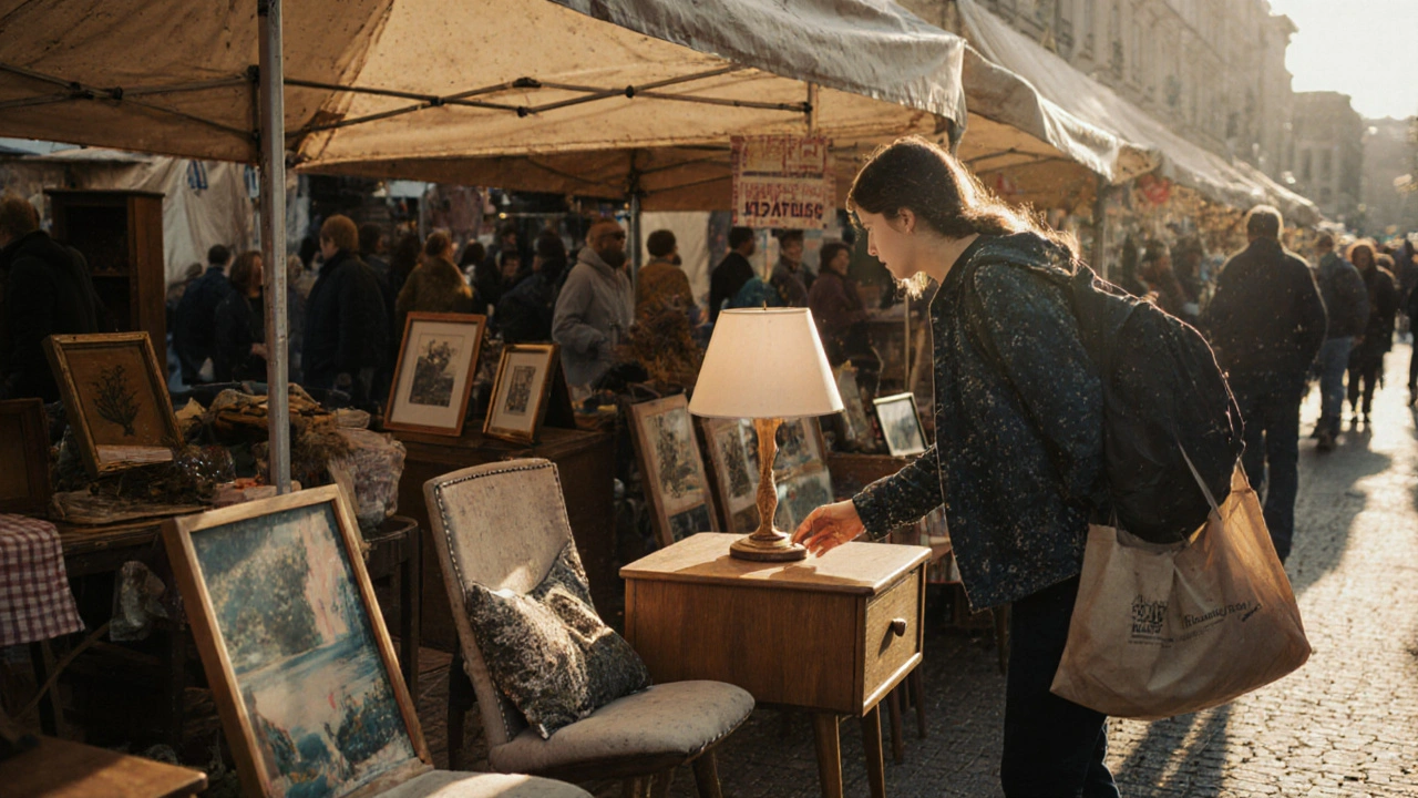 Ein Flohmarkt in Graz mit Menschen, die gebrauchte Möbel und Lampen suchen, um ihr Wohnzimmer günstig einzurichten.