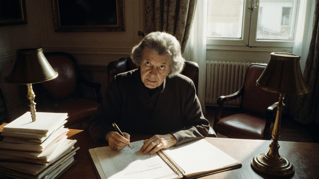 Eine ältere Frau unterschreibt einen Nießbrauchvertrag im Notariat, umgeben von Akten und Dokumenten.