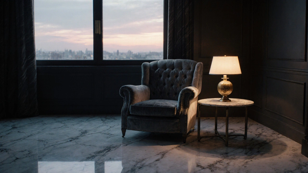 Einsames Samtsofa im abendlichen Licht, Marmorboden reflektiert die Dämmerung