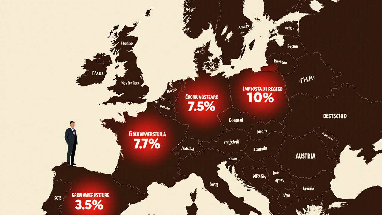 Europäische Karte mit hervorgehobenen Immobiliensteuern in Frankreich, Italien und Österreich.