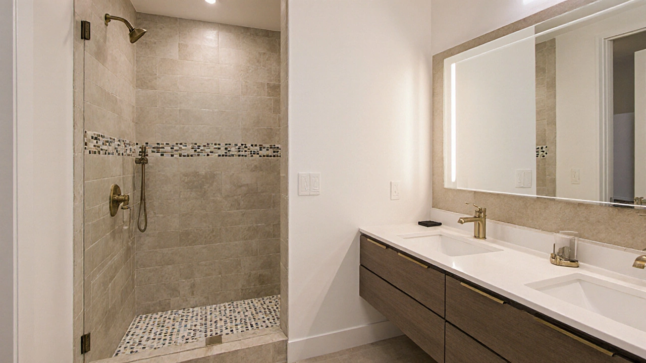 Fachmann verlegt hochwertige Fliesen in einem modernen Badezimmer