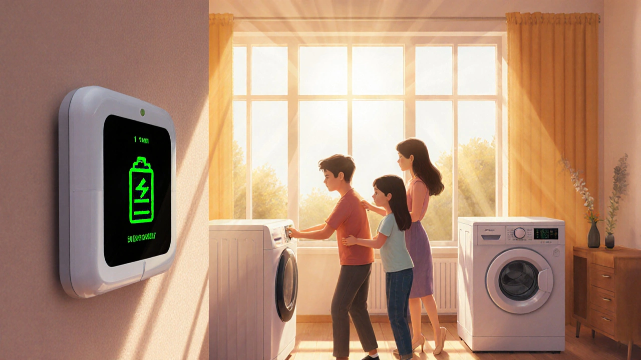 Familie nutzt Solarstrom zur Stromversorgung von Waschmaschine und Geschirrspüler am Mittag.