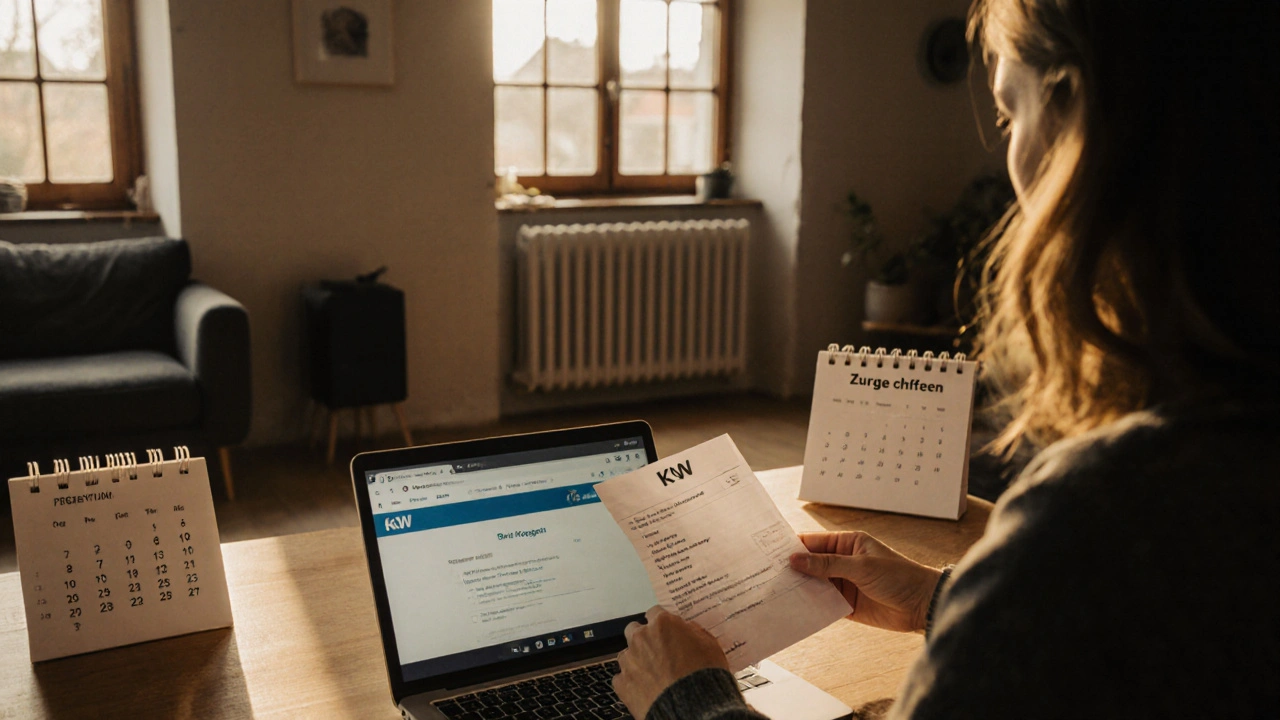 Gemütliches Wohnzimmer in einem sanierten Altbau mit neuen Fenstern und KfW-Rechnung auf dem Tisch.