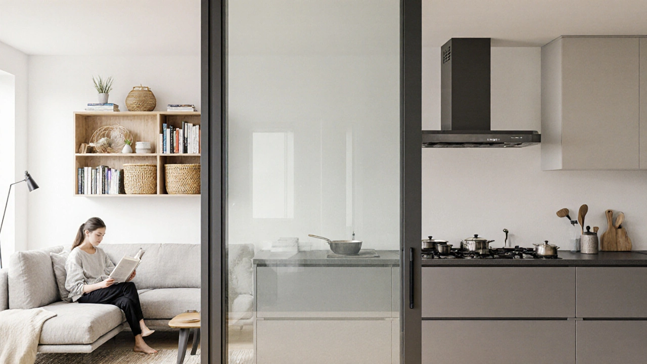 Glas-Schiebetür zwischen Küche und Wohnzimmer, halb geschlossen, um Gerüche und Lärm zu reduzieren.