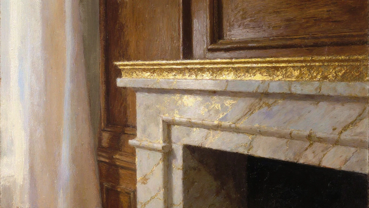 Goldverzierungen an einem Marmorkamin mit Holzverkleidung und seidigen Vorhängen