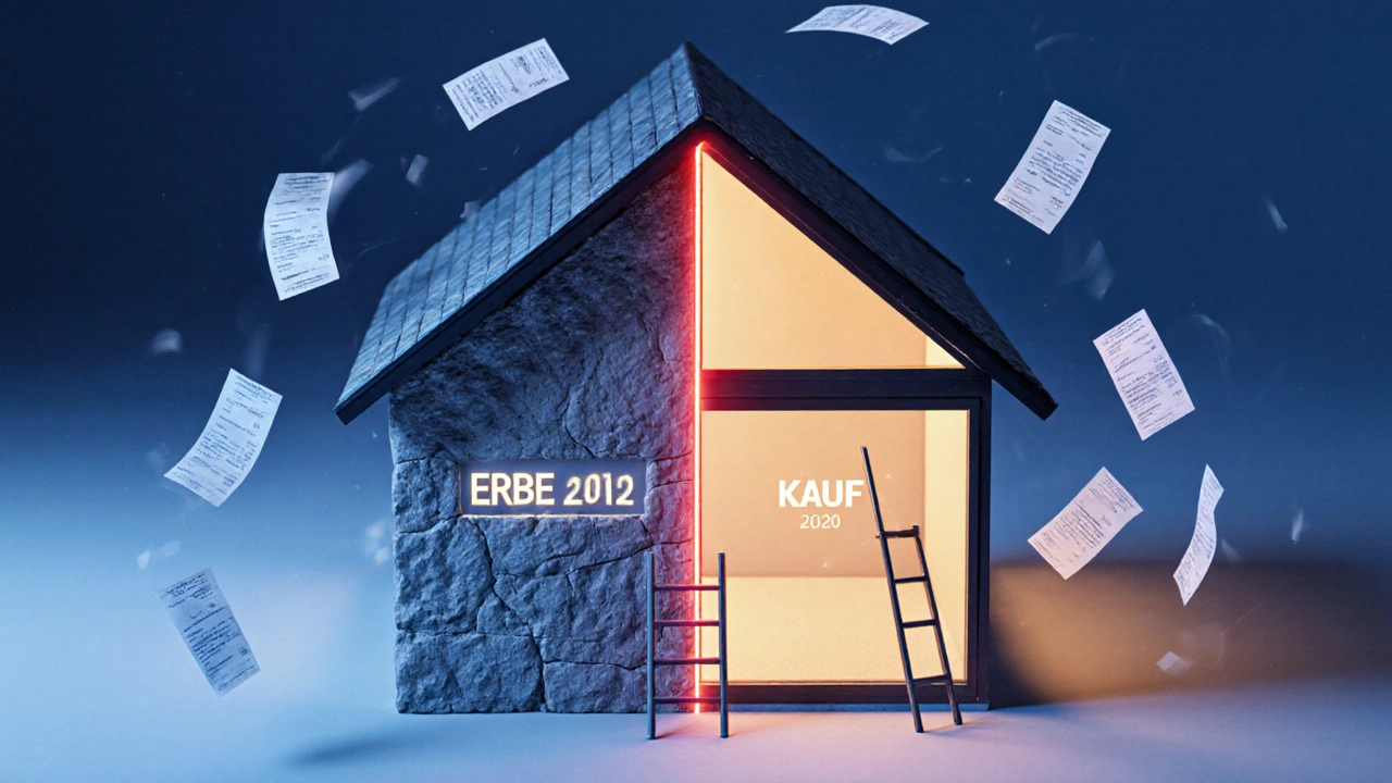 Haus aus Stein und Glas, geteilt nach Erbe und Kauf, mit schwebenden Belegen und 10-Jahres-Marke.