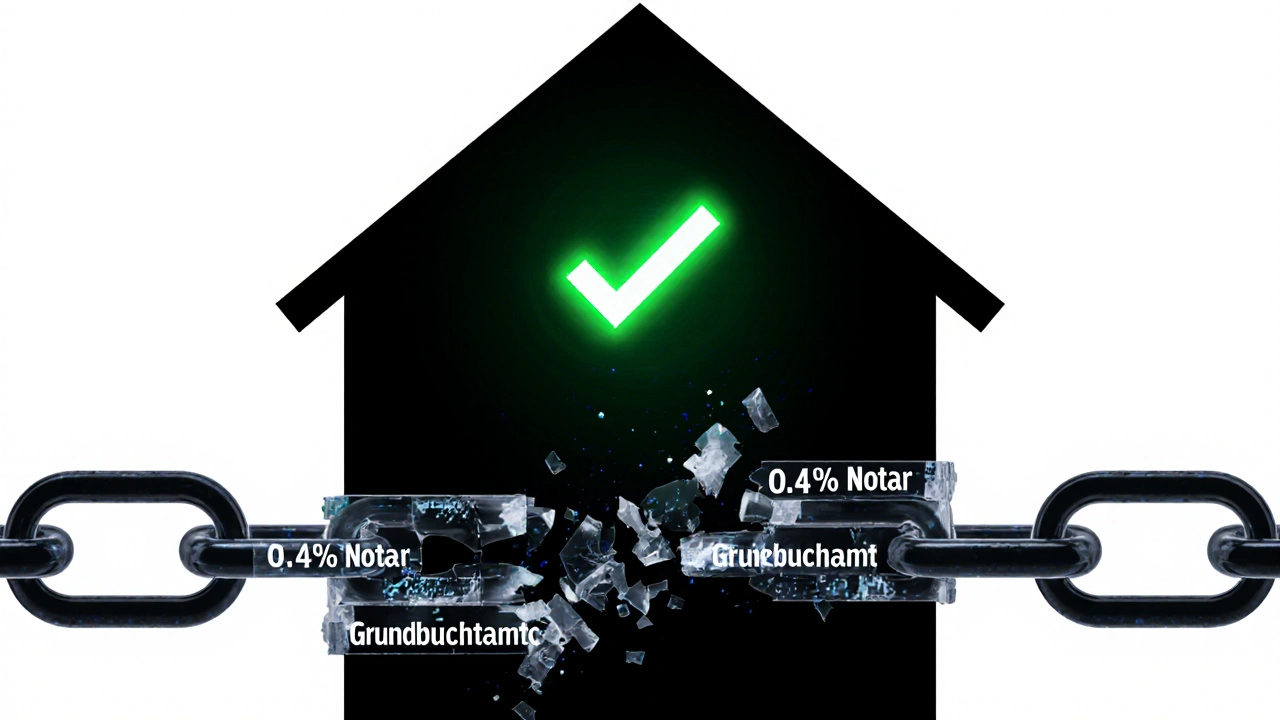 Haus mit zerbrechender Kette, symbolisiert die Befreiung von Grundschulden