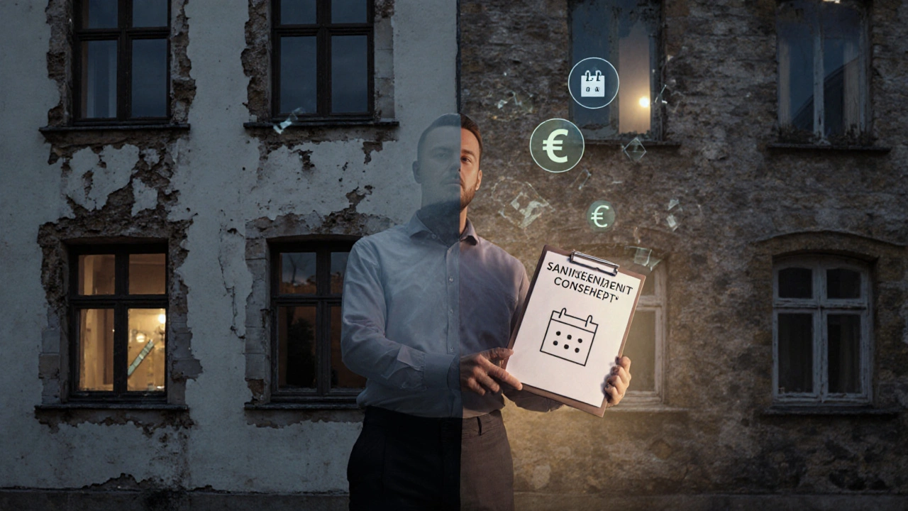 Hausbesitzer vor halb renoviertem Denkmal, eine Seite alt, eine Seite neu restauriert.