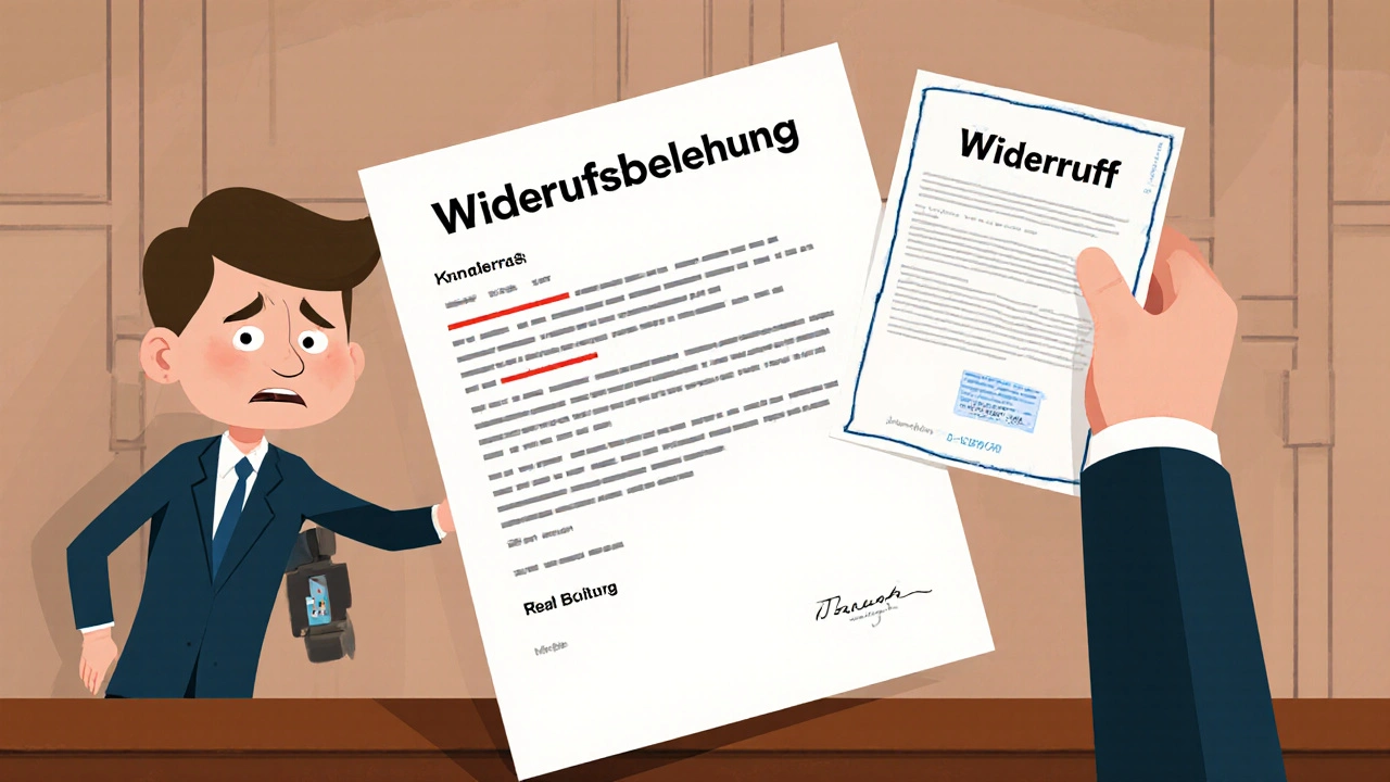 Immobilienmakler steht vor einem fehlerhaften Widerrufsformular, während ein Kunde den Widerruf einreicht.